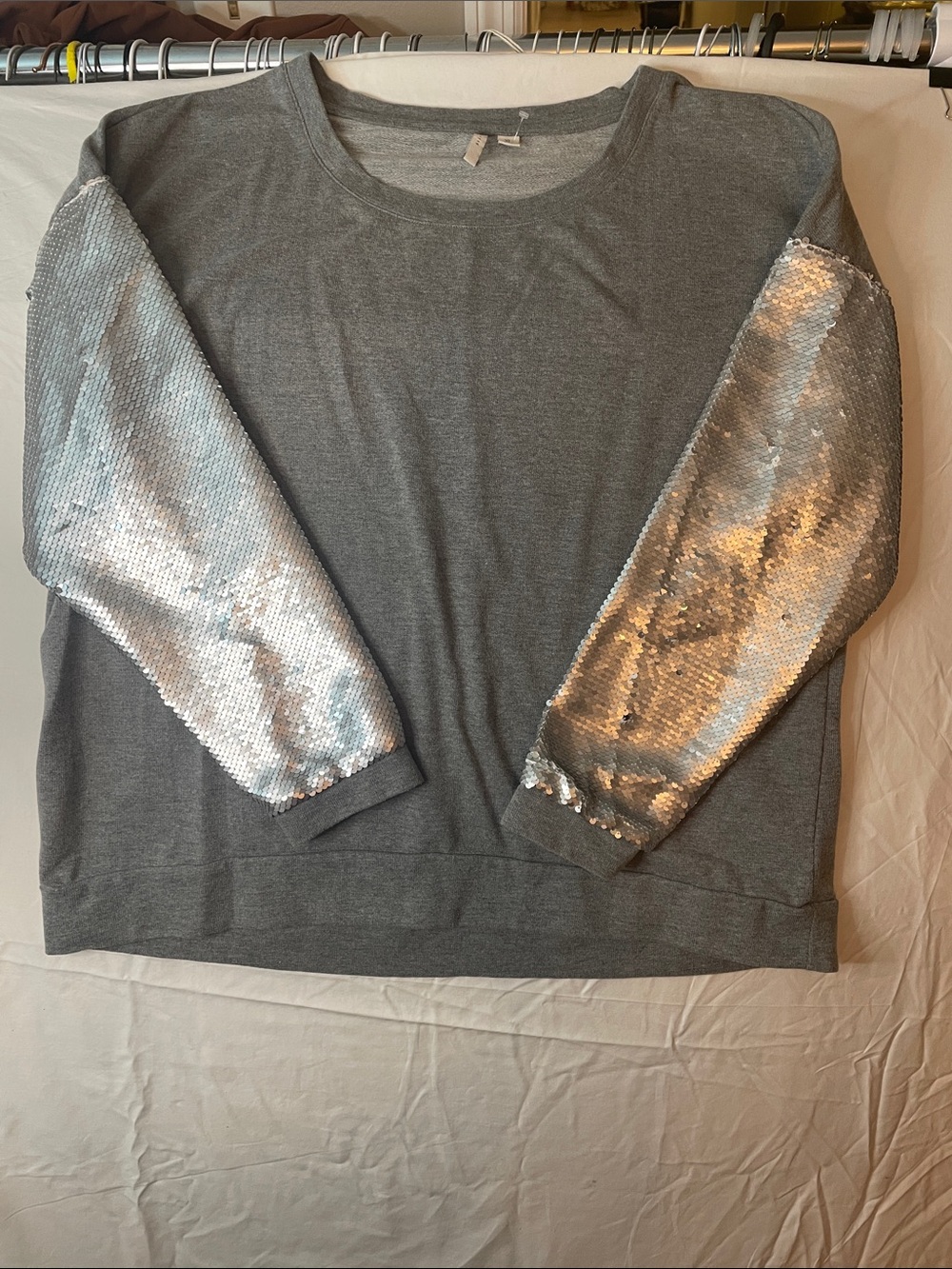 Women's Gray Sweatshirt with Silver Sequin Sleeves